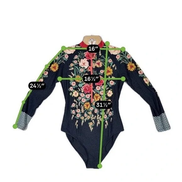 Johnny Was Floral Long Sleeve Rash Guard One Piece Swimsuit CSW3122-HX Black 1X - Picture 5 of 6